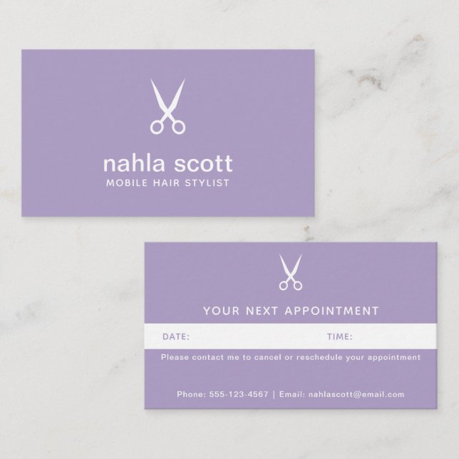 Mobile Hair Stylist Modern Purple Scissors Appointment Card (Front/Back)