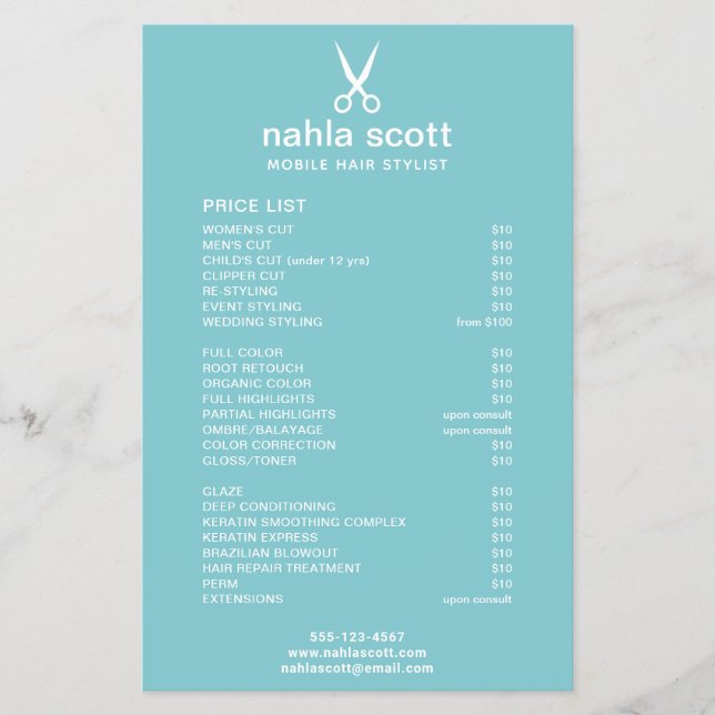 Mobile Hair Stylist Scissors Price List Teal Flyer (Front)