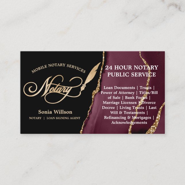 Mobile Notary and Loan Signing Agent Feather Pen Business Card (Front)