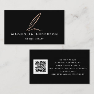 Mobile Notary Black Rose Gold Foil Quill QR Code Business Card
