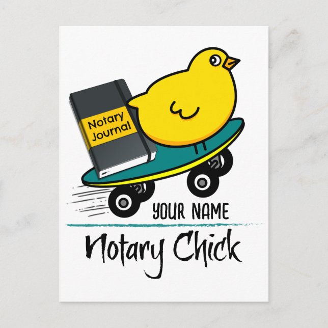 Mobile Notary Chick on Skateboard Customised Name Postcard (Front)