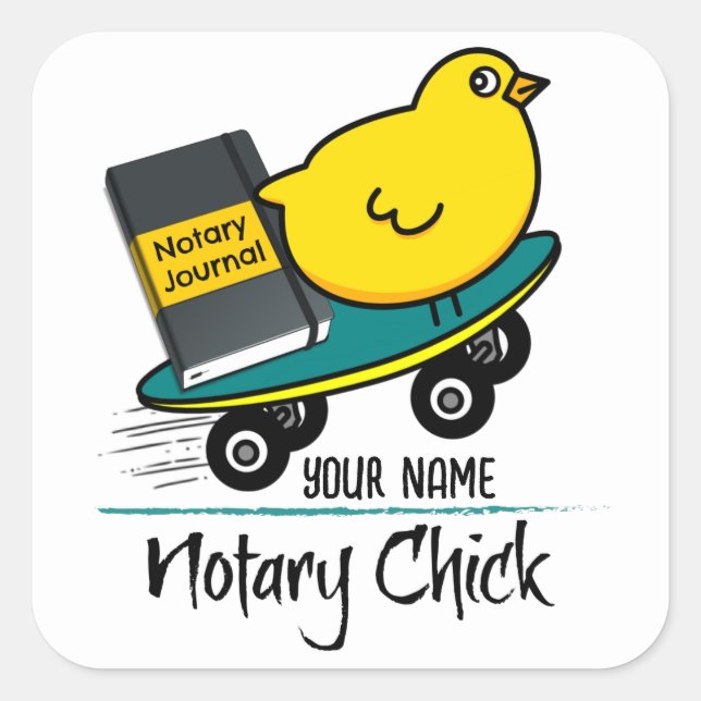 Mobile Notary Chick on Skateboard Customised Name Square Sticker (Front)
