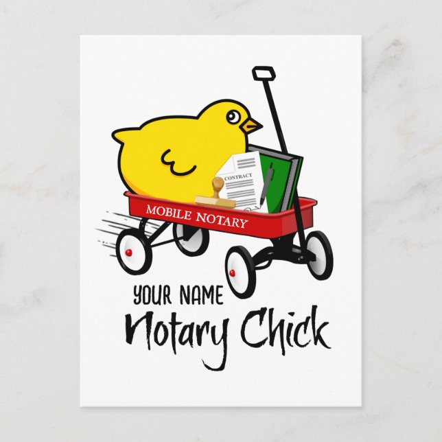Mobile Notary Chick Red Wagon Customised Name Postcard (Front)
