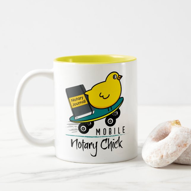 Mobile Notary Chick Riding Skateboard with Journal Two-Tone Coffee Mug (With Donut)