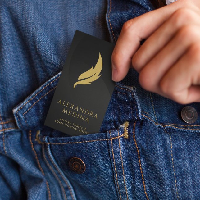 Mobile Notary Feather Quill Logo Black & Gold Business Card (Creator Uploaded)