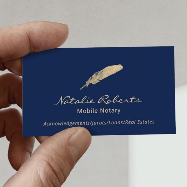 Mobile Notary Loan Signing Agent Gold Quill Navy Business Card (Creator Uploaded)
