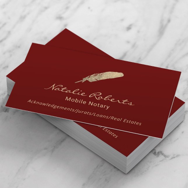 Mobile Notary Loan Signing Agent Gold Quill Red Business Card (Creator Uploaded)