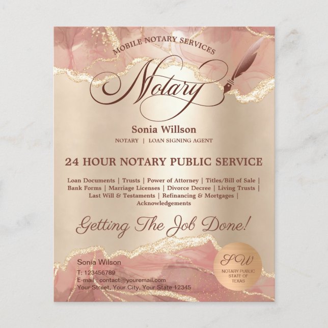 Mobile Notary & Loan Signing Agent Pink Agate Flye Flyer (Front)
