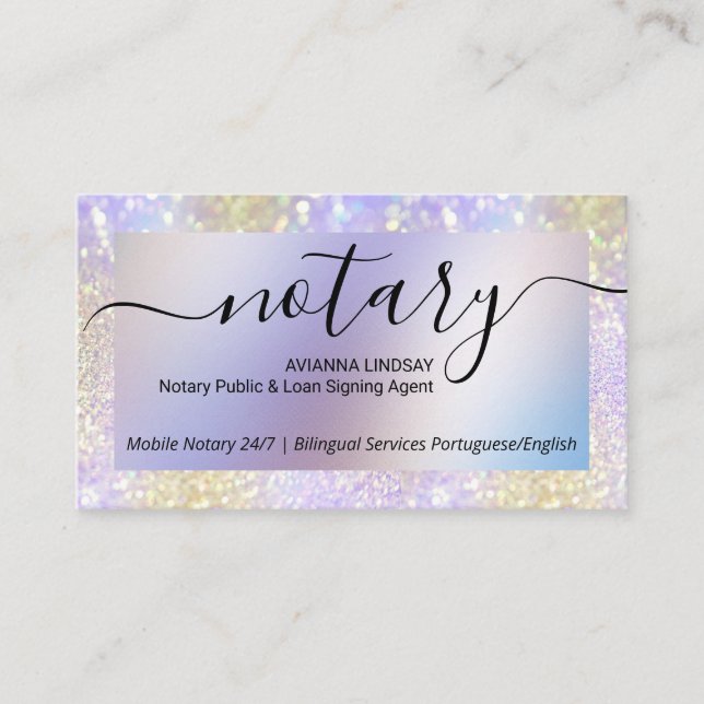 Mobile Notary Loan Signing Agent Purple Glitter Business Card (Front)