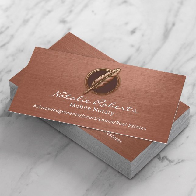 Mobile Notary Loan Signing Agent Quill Logo Copper Business Card (Creator Uploaded)