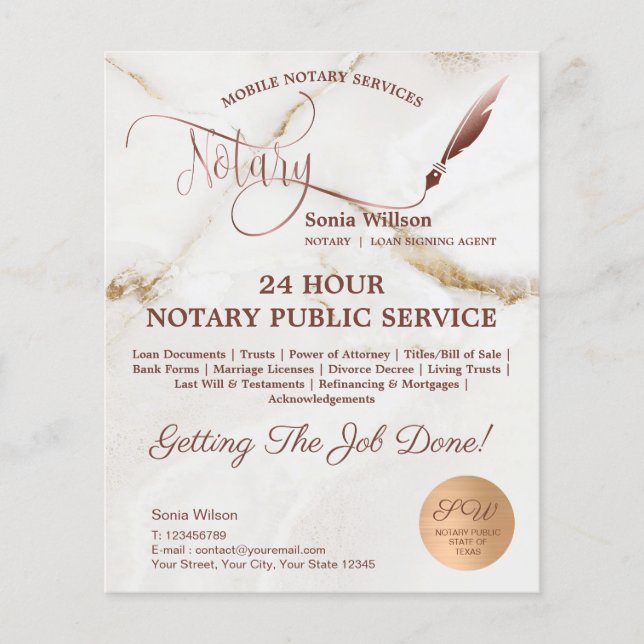 Mobile Notary & Loan Signing gold marble Flyer (Front)