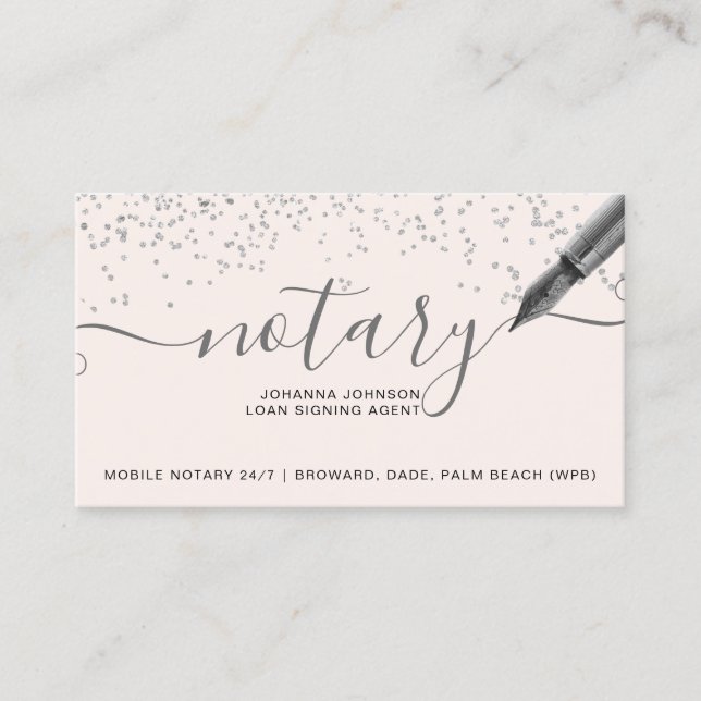 Mobile Notary loan silver confetti typography Business Card (Front)