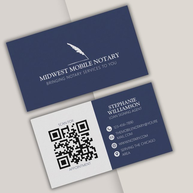 Mobile Notary Modern QR code Navy Feather Business Card (Creator Uploaded)