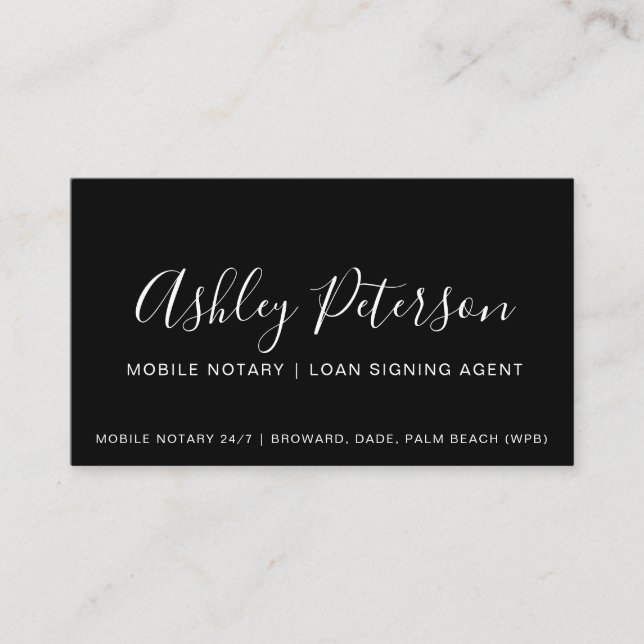 Mobile Notary public black typography minimalist Business Card (Front)