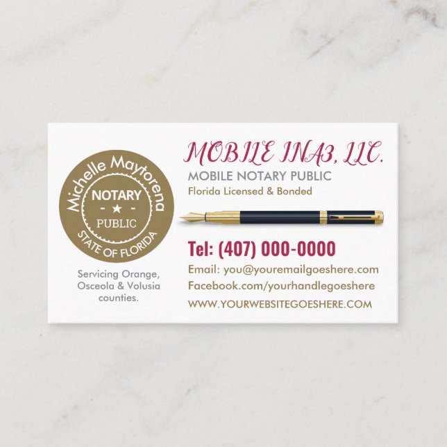 Mobile Notary Public Customisable Business Card (Front)