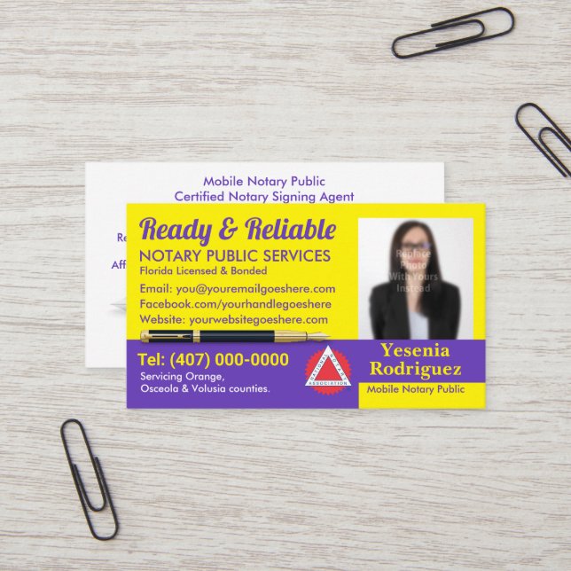 Mobile Notary Public Customisable Photo Business C Business Card (Front/Back In Situ)