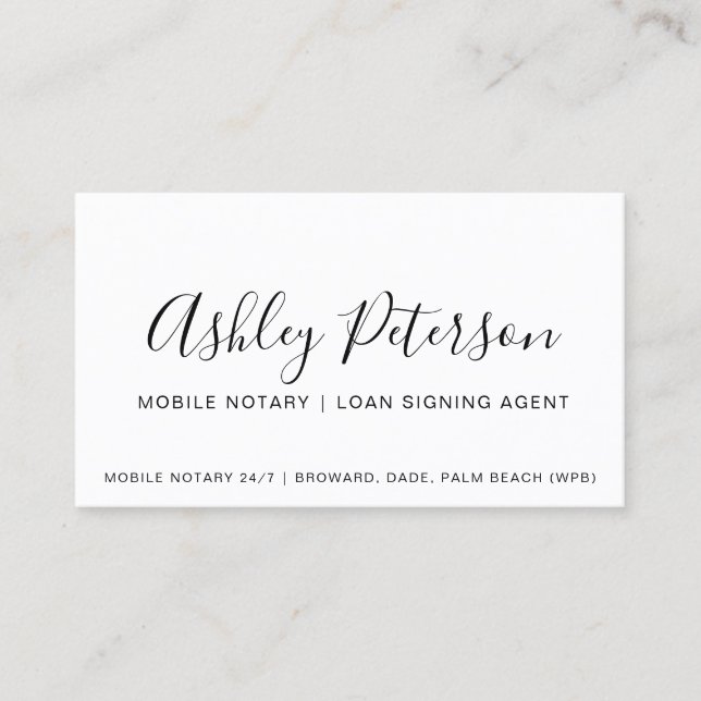 Mobile Notary public elegant typography minimalist Business Card (Front)