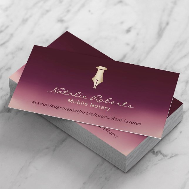 Mobile Notary Public Gold Signing Pen Burgundy Red Business Card (Creator Uploaded)