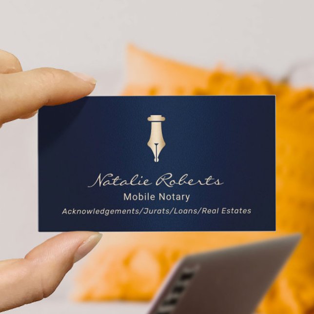 Mobile Notary Public Golden Signing Pen Navy Blue Business Card (Creator Uploaded)