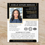 Mobile Notary Public Loan Signing Agent Black Gold Flyer<br><div class="desc">Professional Notary Public flyers with a profile photo, logo and accreditation symbols. This editable template is personalised with a name, credentials, area served, contact information and list of services. You can add your company logo and certification marks for branding. A classic blend of traditional and contemporary style, creating an elegant...</div>