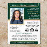 Mobile Notary Public Loan Signing Agent Green Gold Flyer<br><div class="desc">Professional Notary Public flyers with a profile photo, logo and accreditation symbols. This editable template is personalised with a name, credentials, area served, contact information and list of services. You can add your company logo and certification marks for branding. A classic blend of traditional and contemporary style, creating an elegant...</div>