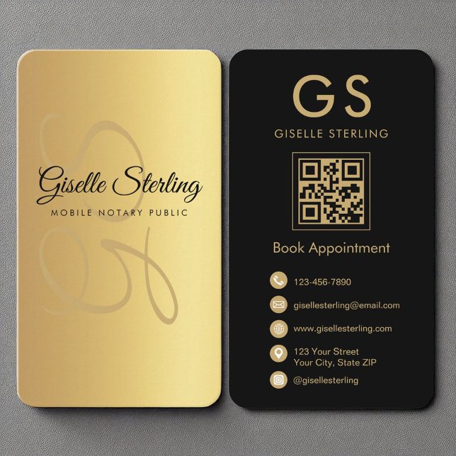 Mobile Notary Public Monogram Gold Black QR Code Business Card (Creator Uploaded)
