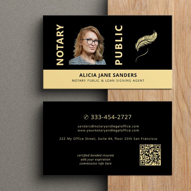 Mobile notary public photo gold black QR code Business Card (Creator Uploaded)
