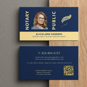 Mobile notary public photo navy blue gold QR code Business Card