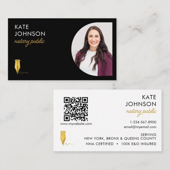 Mobile Notary Public Photo QR Code Gold Logo Business Card (Front/Back)