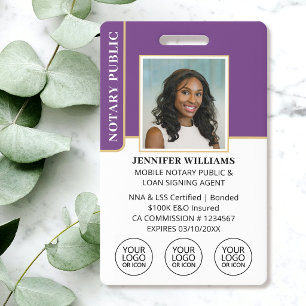 Mobile Notary Public Photo QR Code ID Purple Badge