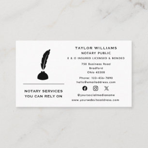 Mobile Notary Public Quill Feather Social Media Business Card