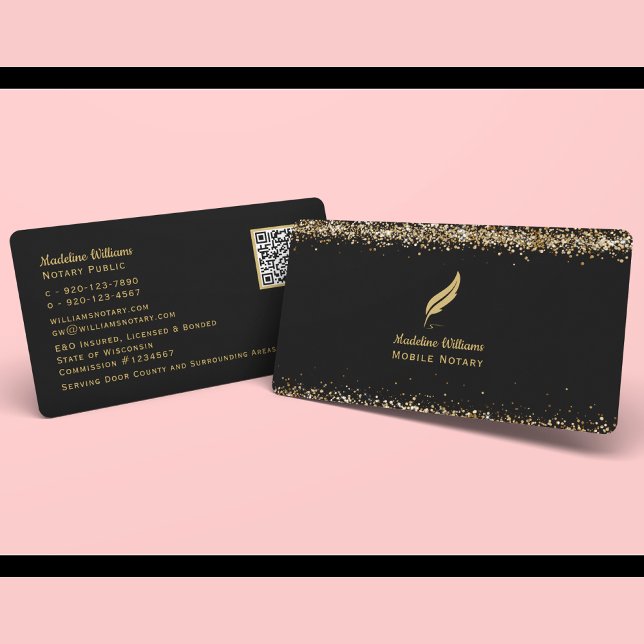 Mobile Notary Quill QR Code Black Gold Business Card (Creator Uploaded)