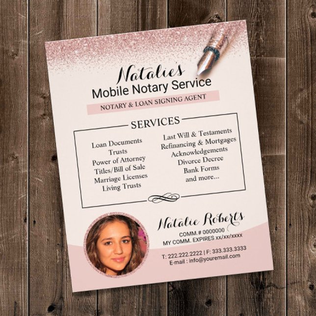 Mobile Notary Service Rose Gold Glitter Photo Flyer (Creator Uploaded)