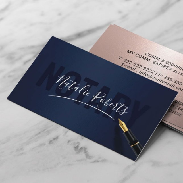 Mobile Notary Service Signature Navy & Rose Gold Business Card (Creator Uploaded)