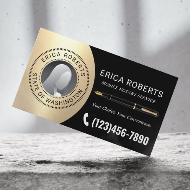 Mobile Notary Signing Agent Black & Gold Photo Business Card (Creator Uploaded)