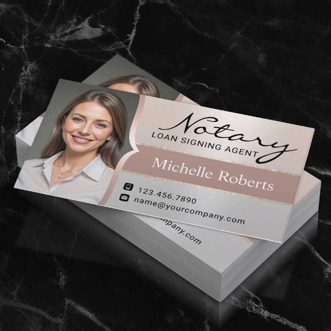 Mobile Notary Signing Agent Elegant Silver Photo Business Card (Creator Uploaded)