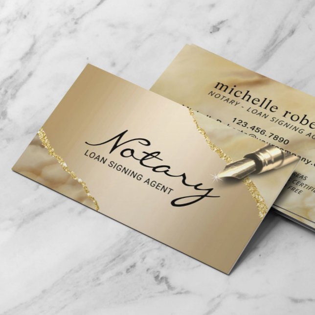 Mobile Notary Signing Agent Modern Gold Agate Business Card (Creator Uploaded)