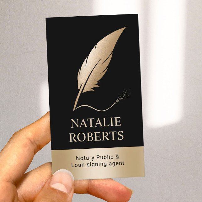 Mobile Notary Signing Agent Modern Gold Quill Pen Business Card (Creator Uploaded)