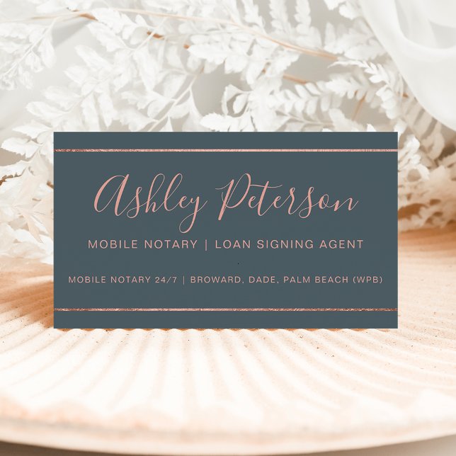 Mobile Notary typography rose gold stripe gray Business Card (Creator Uploaded)