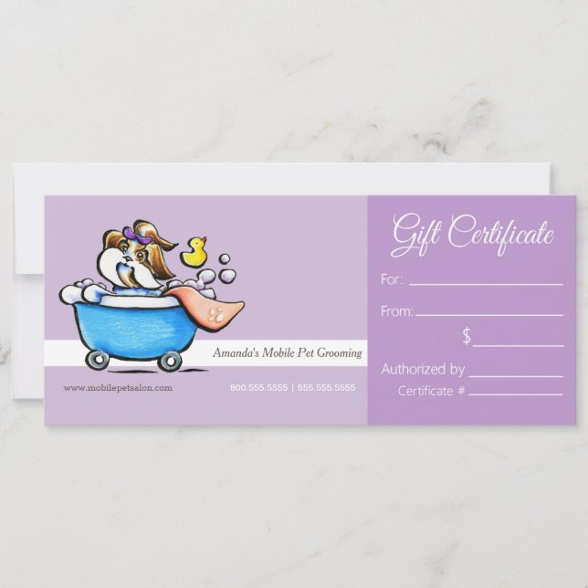 Mobile Pet Groomer Shih Tzu Purp Gift Certificate (Front)