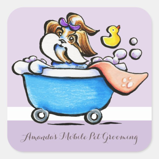 Mobile Pet Grooming Shih Tzu Purple Marketing Square Sticker (Front)