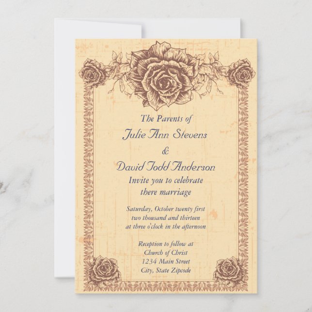 Moccasin  Vintage Rose Border Wedding Invitation (Front)