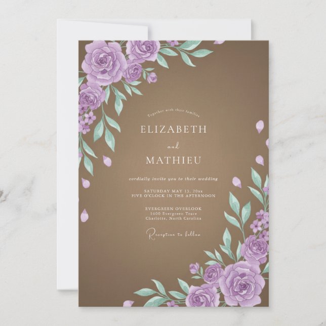Mocha Amethyst Leafy Wedding Invitation (Front)