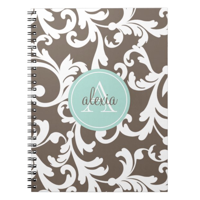 Mocha and Mint Monogrammed Damask Print Notebook (Front)