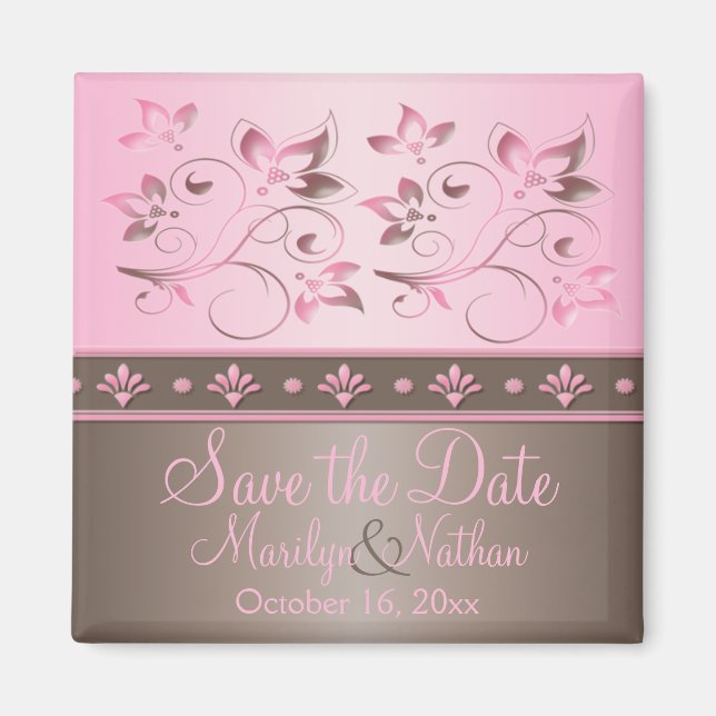 Mocha and Pink Floral Wedding Favour Magnet (Front)