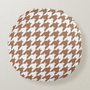 Mocha and White Houndstooth Seamless Pattern Round Cushion