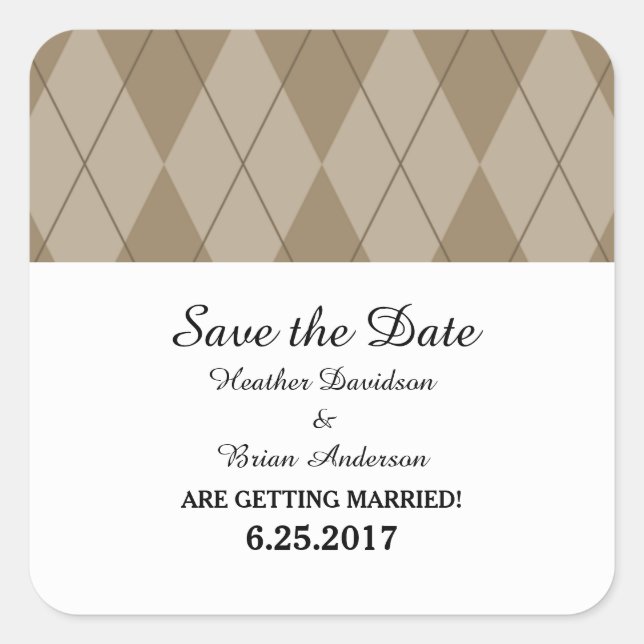 Mocha Argyle Save the Date Stickers (Front)