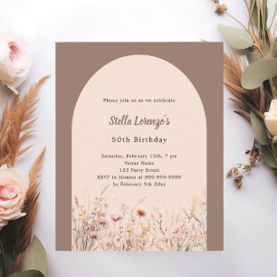 Mocha beige wildflower florals birthday invitation