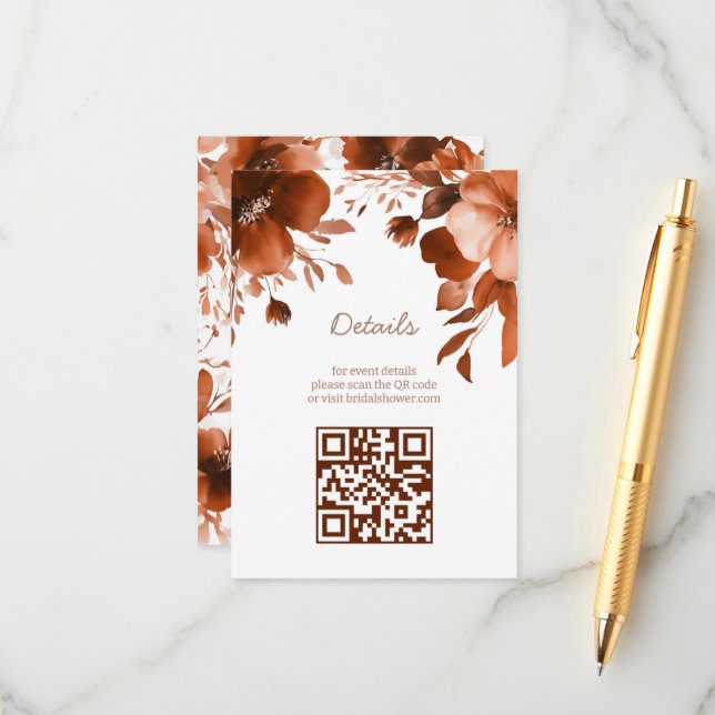 Mocha Blooms Watercolor Bridal Shower CUSTOM QR Enclosure Card (Front/Back In Situ)