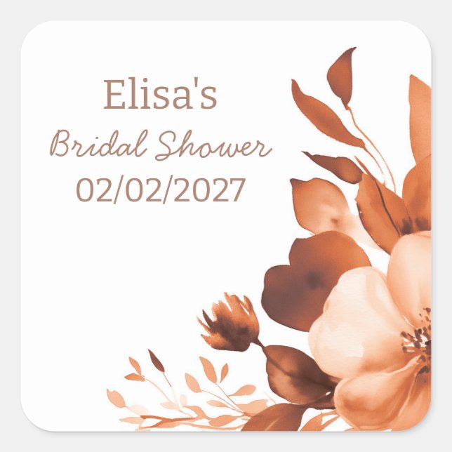 Mocha Blooms Watercolor Custom Bridal Shower  Square Sticker (Front)